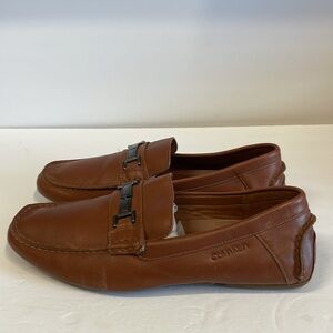 Calvin Klein Magnus Brown Leather Driving Loafers with Metallic Detail